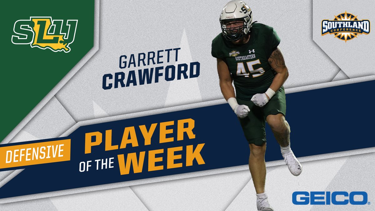 SouthlandSports's tweet photo. Crawford is the Defensive Player of the Week, presented by GEICO, after tallying career-highs in tackles (8⃣) and sacks (2⃣.5⃣) in the win over McNeese❗️ #SouthlandStrong #LionUp #FCS 

📰- https://t.co/qCFumVDH2P https://t.co/201VhMGsrG
