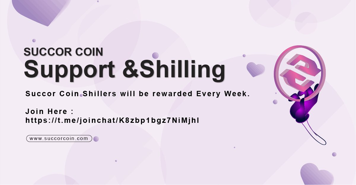 Hello, Succor Coin Community!

Good News For You 💥

We have make a Private Group For Succor Coin Supporters &amp; Shillers. We will shill Our Project Every Day , Every Where . Succor Coin Shillers will be rewarded Every Week. 🌝.

Join Here :
t.me/joinchat/K8zbp…