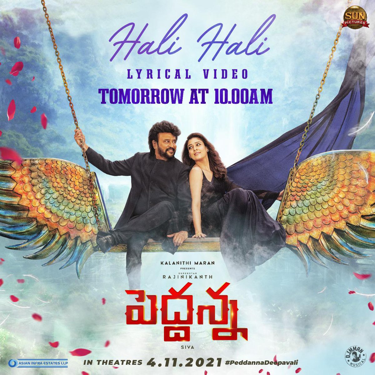 IndianClicks's tweet photo. A beautiful Romantic melody #HaliHali lyrical song from #Peddhanna releasing Tomorrow @ 10.00AM🎻❤️
An @immancomposer musical 🎶
Superstar @rajinikanth
@directorsiva #Nayanthara @KeerthyOfficial @SBDaggubati @AsianCinemas_ @sunpictures
#PeddhannaDeepavali
PRO @UrsVamsiShekar https://t.co/lMbccHEKff