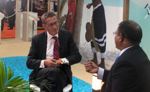 MoTmv's tweet photo. Minister @Mausoom_Maus talks to @CNN @RichardQuest on #Maldives sustainable tourism at the @visitmaldives Stand at @WTM_London 2021 https://t.co/WWt99qqVc1