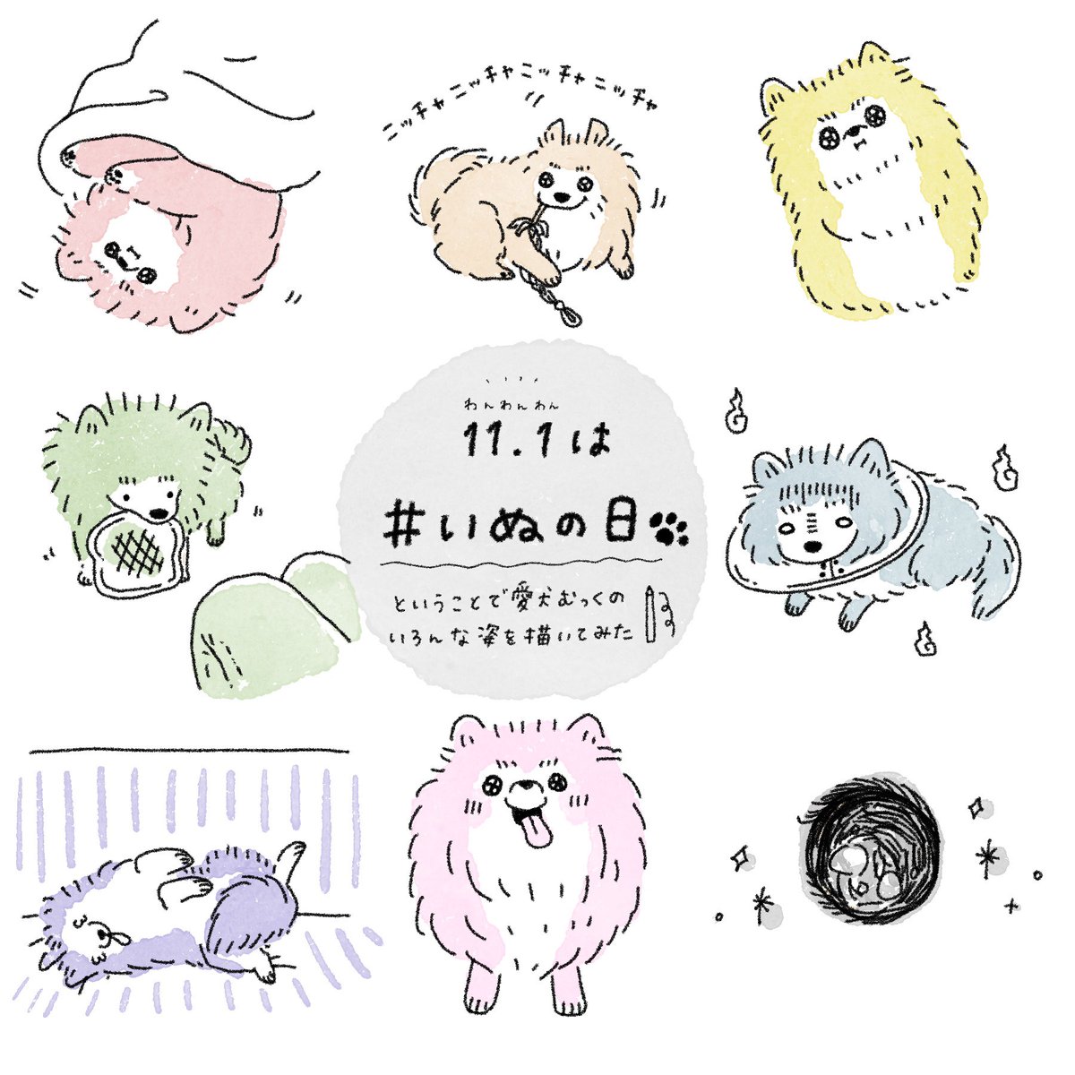 本日は11/1、わんわんわんの日!
ということで #犬の日 のようですね🐶
我が家の愛犬・むっくさんの色んな絵を描いてみました!それぞれどんなシチュエーションかわかるかな?