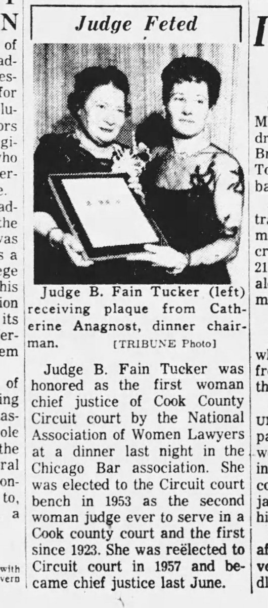 #OnThisDay 60 years ago <a href="/chicagotribune/">Chicago Tribune</a> reported on Judge B. Fain Tucker being honored by the National Association of Women Lawyers for her service to #CookCounty. Elected to the bench in 1953, Tucker was the 2nd woman to serve as a Cook County judge <a href="/NAWLWomeninLaw/">National Association of Women Lawyers</a>