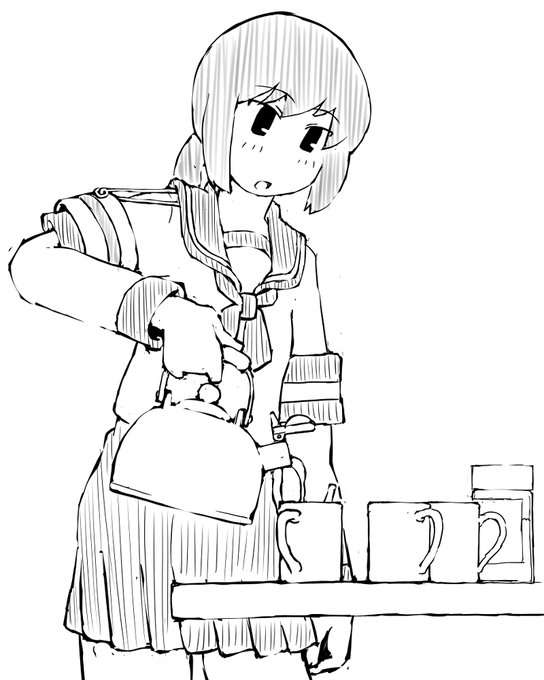 艦これラクガキ、当直吹雪さん^^
毎月の月初めは吹雪さん^^
「いまコーヒー入りますよ～、インスタントですけど」とw 