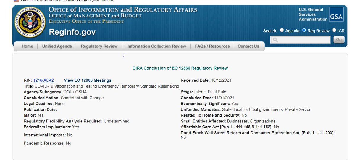 The OSHA 100-employee ETS has cleared OMB and has been sent back to OSHA for publication. It should be out very soon -- likely first in a press release from the agency and then in the Federal Register. OFW Law will continue to monitor the progress.