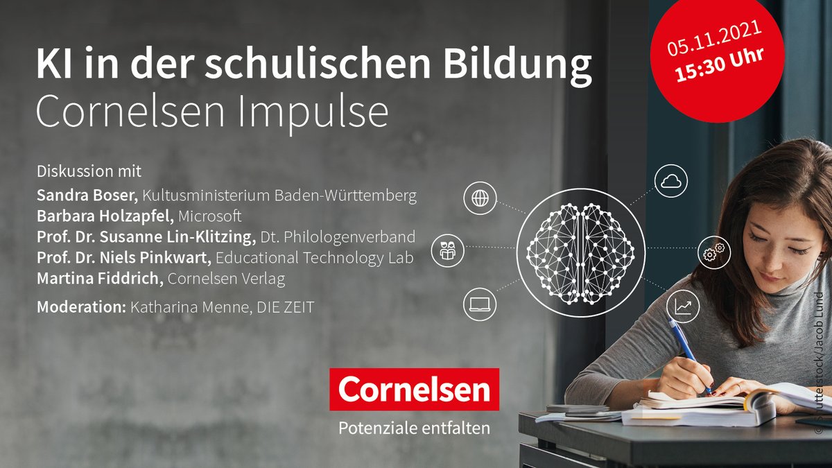 Was kann #KI in der schulischen Bildung leisten? Darüber sprechen <a href="/bnholzapfel/">Barbara Holzapfel</a>, Sandra Boser <a href="/KM_BW/">Kultusministerium BW</a>, <a href="/LinSusanne/">Susanne Lin-Klitzing</a> <a href="/DPhV/">Deutscher Philologenverband</a>, <a href="/npinkwart/">NP</a> vom Educational Technology Lab und Cornelsen GF <a href="/FiddrichM/">Martina Fiddrich</a> mit Moderatorin @kaetherina16 <a href="/DIEZEIT/">DIE ZEIT</a> bei #CornelsenImpulse ➡️ ttps://crnl.sn/impulse