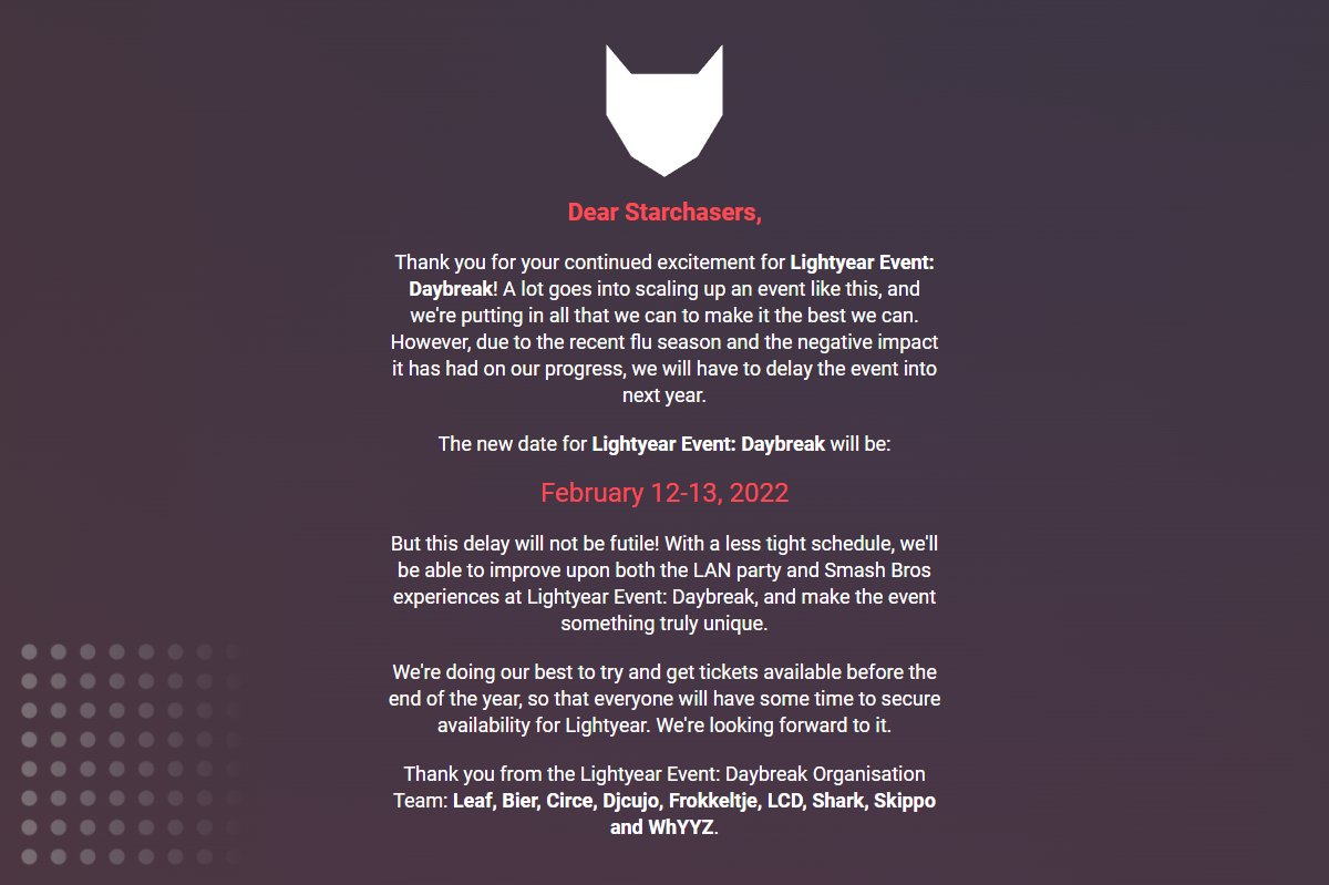 ⚠️ Important notice about Lightyear Event: Daybreak from our organisation team.

Thank you for your understanding! You'll hear from us before the end of the year. ❤️