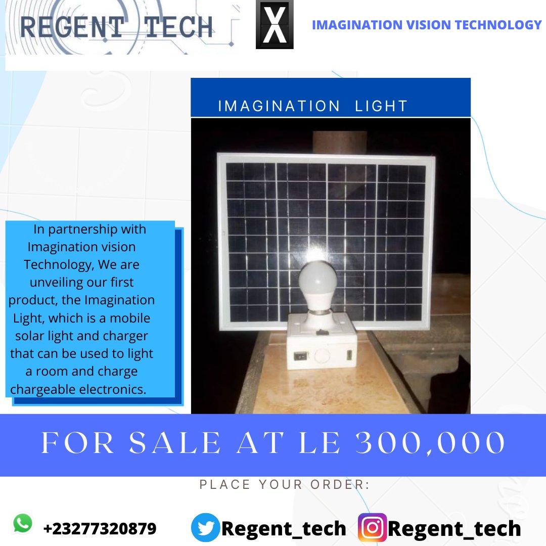 Regent_Tech's tweet photo. In collaboration with Imagination vision Technology, we made this 2 in 1 purpose solar mobile light for sale at a reasonable price. If interested , Send us a DM or contact the WhatsApp number on the flyer below 👇
#RegentTech #SierraLeone #SaloneTwitter https://t.co/wQiEeMTP1r