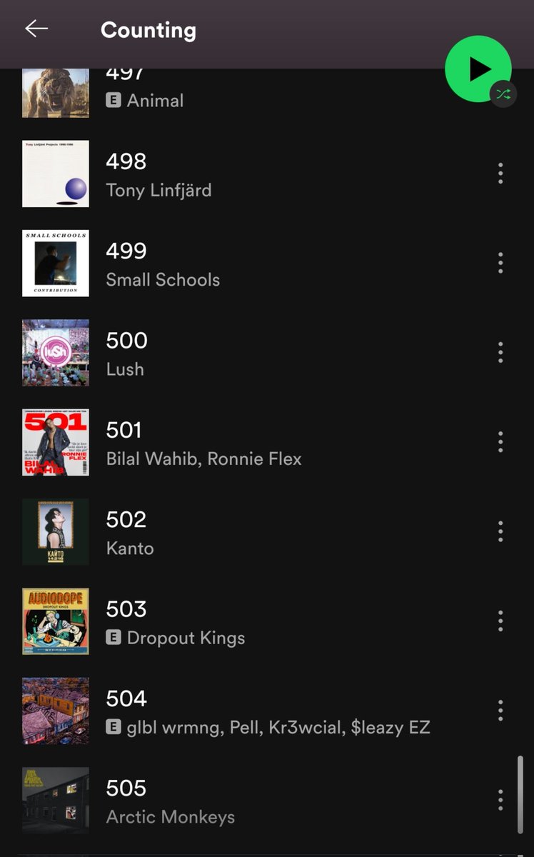 MagikMikeMusic's tweet photo. My friend made a Spotify playlist exclusively with songs titled by a number, all the way up to 505. This is the best thing I've ever seen. https://t.co/qkeT4stF01