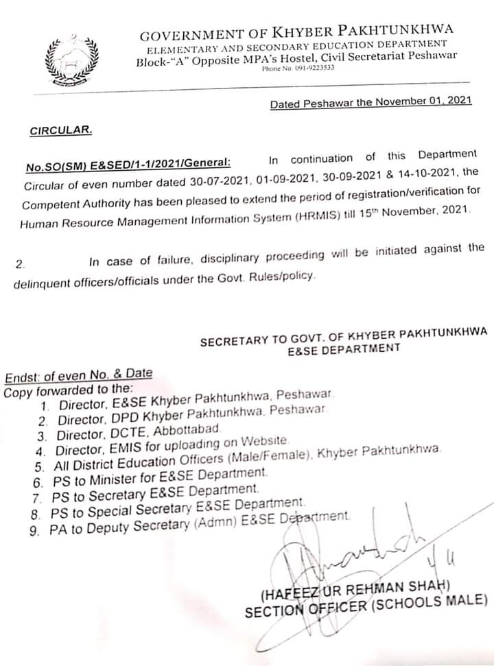 MYahyaAkhunzada's tweet photo. The Competent Authority has been pleased to extend the period of Registration/Verification for HRMIS till 15th Nov, 2021. https://t.co/BJqLuPod24