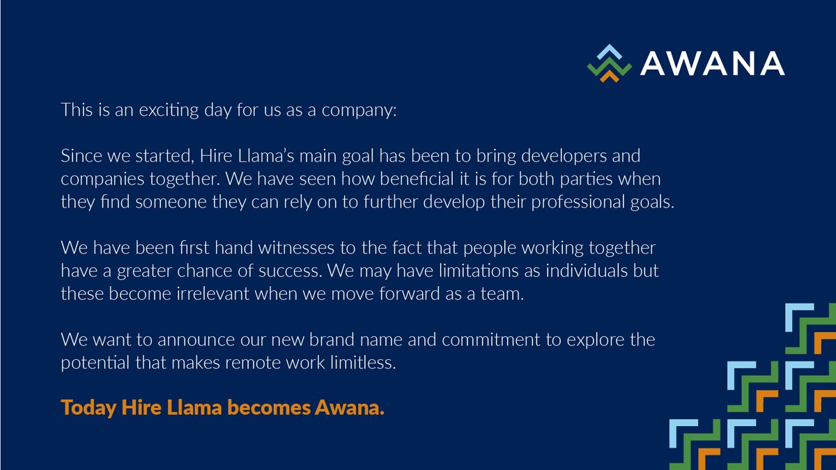 awanagrow's tweet photo. 📣 Today Hire Llama becomes Awana 🚀
Announcing our new brand name and commitment to explore the potential that makes remote work limitless.
#HireLlamaBecomesAwana #MakeRemoteWorkLimitless" https://t.co/vWNUmvZ6vZ