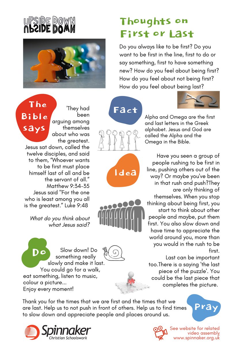 Spinnakertrust1's tweet image. #ThoughtsOn First or Last. Do you always like to be first? Do you rush to be at the front of the queue? Maybe you’re missing out on other things. Consider the joy of being last with this reflection.  

PDF: bit.ly/3G2Ridv

#ClassReflection
#CircleTime 
#QuietTime