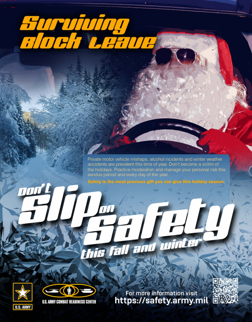 SafetyCenter's tweet photo. The holiday leave period is the 2nd-deadliest time of year for off-duty Soldier mishaps. 

1st-line supervisors can save lives when they counsel 
Soldiers before leave or pass.

Everyone in the Army is responsible for ensuring they and their teammates have a safe+healthy holiday https://t.co/F8gMgRWeaK