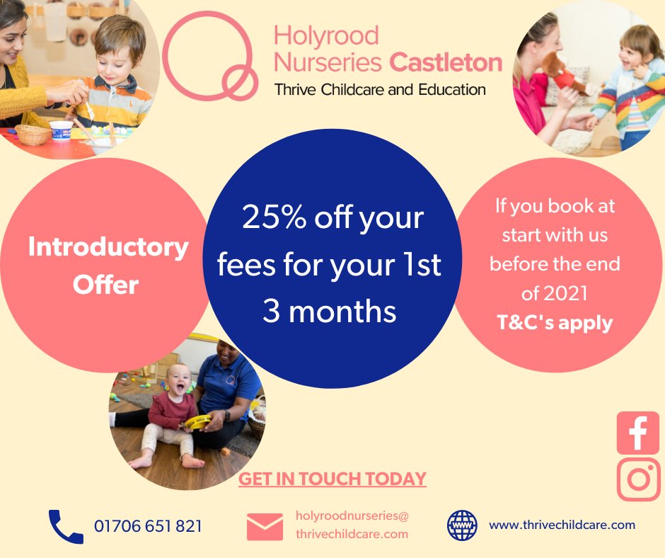 HolyroodCastlet's tweet photo. We have an Introductory Offer currently available at Holyrood Castleton... Register and start before the end of Dec and get 25% off your 1st 3 months of childcare... enquire for further info. T&amp;C's apply @ChildcareThrive #thrivechildcare https://t.co/1qBMhHkJai