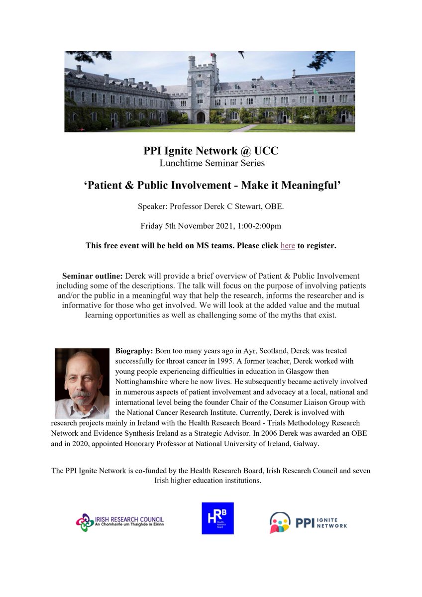 We are delighted that <a href="/DerekCStewart/">Derek Stewart</a> will deliver our inaugural lunchtime seminar this Friday, 5th November from 1:00-2:00pm. Everyone welcome!

Register to attend here: eventbrite.ie/e/patient-publ…

#ppi #publicinvolvement #ppi_ignite
