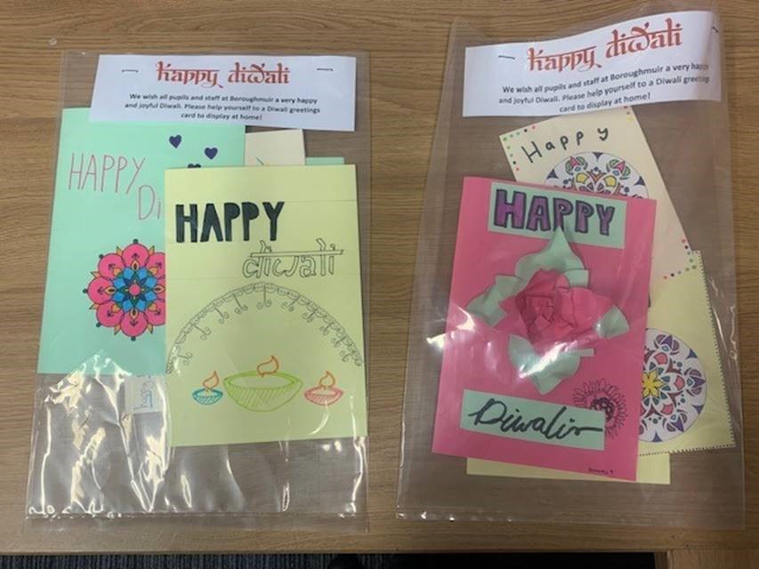 RmpsBoroughmuir's tweet photo. As Diwali begins this week, S3 wanted to celebrate with members of our school community. They have created beautiful greeting cards for those who wish to take home. You will find these around school this week, Happy Diwali!🎆@BoroughmuirHFTT @BoroughmuirHS https://t.co/ddHEkwlsJF