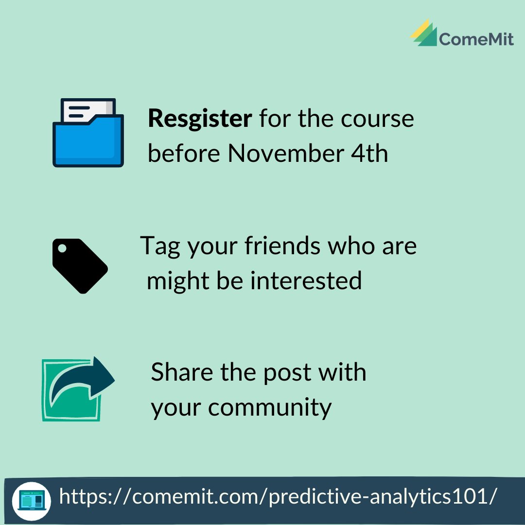 come_mit's tweet photo. On November 5th, ComeMit Academy will initiate its latest program, #predictiveanalytics 101". 
As always, we intend to help individuals to invest in their success and #Selfdevelopment.
You can attend the first 2 sessions for #Free. 
#register today:
https://t.co/pVIplJoxP3 https://t.co/w1m6NxOxiV