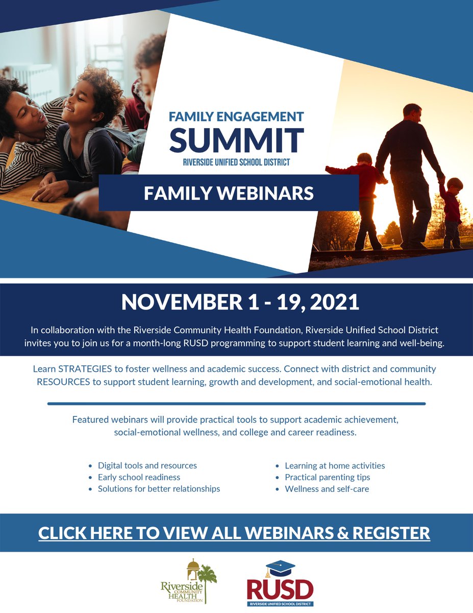 Join <a href="/RiversideUSD/">Riverside Unified School District</a> &amp; <a href="/RivHealthFound/">Riverside Community Health Foundation</a>  for the 2021 Family Engagement Summit. November 1st - November 19th. This event will feature month-long programming to support student learning and well-being.

For more information, see the thread below...