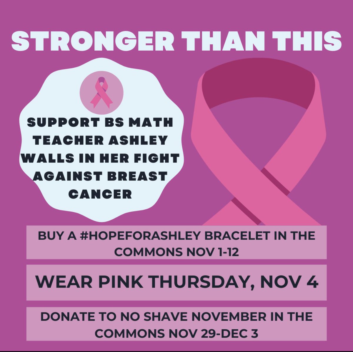 BSSSenate's tweet photo. The next two weeks we will be selling bracelets ($3-5) in the commons to help support BSHS Math Teacher, Ashley Walls. #strongerthanthis @wildcatsenate @WildcatsBSHS https://t.co/SqbMtftPWd