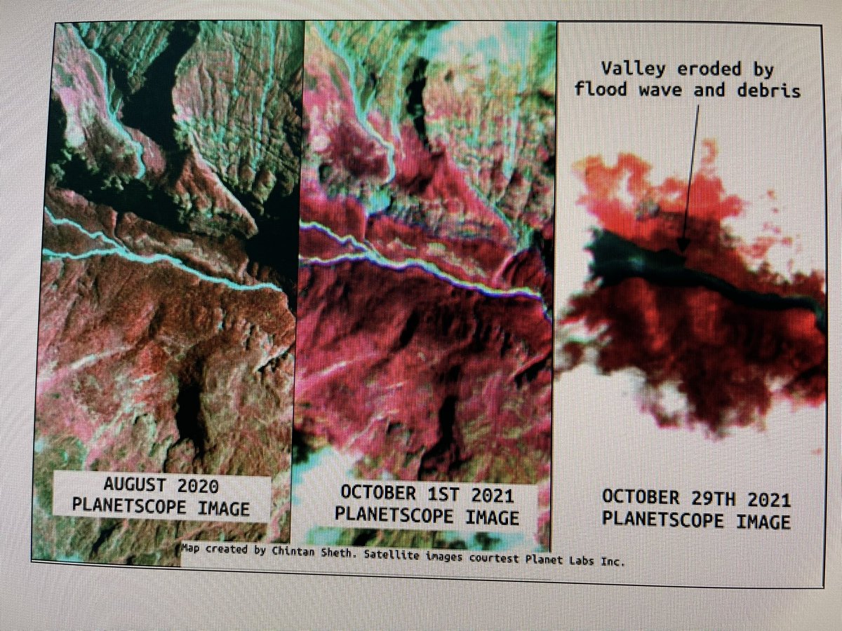 arunachaltimes_'s tweet photo. Glacier movement and erosion upstream of the Warriyang Bung river, one of the tributaries of the Kameng river, caused the turbidity in the Kameng river. Satellite imagery shows debris flowing down the Warriyang Bung river in Marjangla in East Kameng, &amp; the valley eroded by flood. https://t.co/30SXrc7qWc