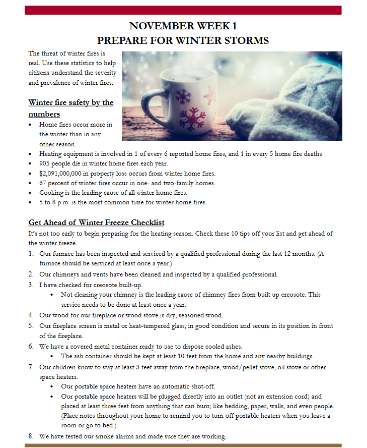 CityofCovFire's tweet photo. Here is this week's safety tip: How to prepare for winter storms while practicing fire safety. https://t.co/i1UpBed4kz