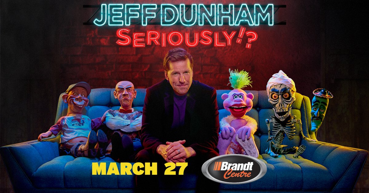 BrandtCentre's tweet photo. Comedian/ventriloquist Jeff Dunham is coming to the Brandt Centre with his Jeff Dunham: Seriously!? Tour!  

He'll hit the stage with his cast of characters on March 27, 2022, at 3 p.m.  

Tickets on sale Nov. 8, 2021, @ at 10 a.m: https://t.co/10kJP5jtZk  

#JeffDunhamSeriously https://t.co/DbjfJnaTXB
