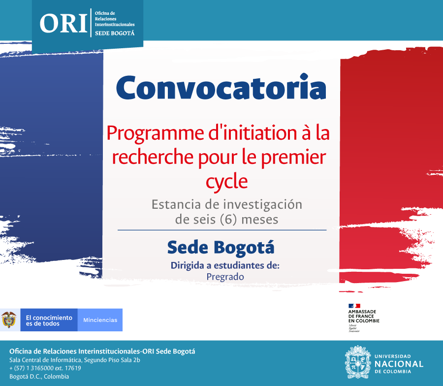 BogotaUNAL's tweet photo. 🇫🇷 Participa en el Programme d'initiation à la recherche pour le premier cycle 2022-1. @un_bogota @MincienciasCo y @France_Colombia promueven estancias de investigación en Francia para estudiantes pregrado - 6 meses con apoyo financiero. Términos: https://t.co/AO1qYpdhpJ
#ORIBOG https://t.co/jwSkYqEkRm