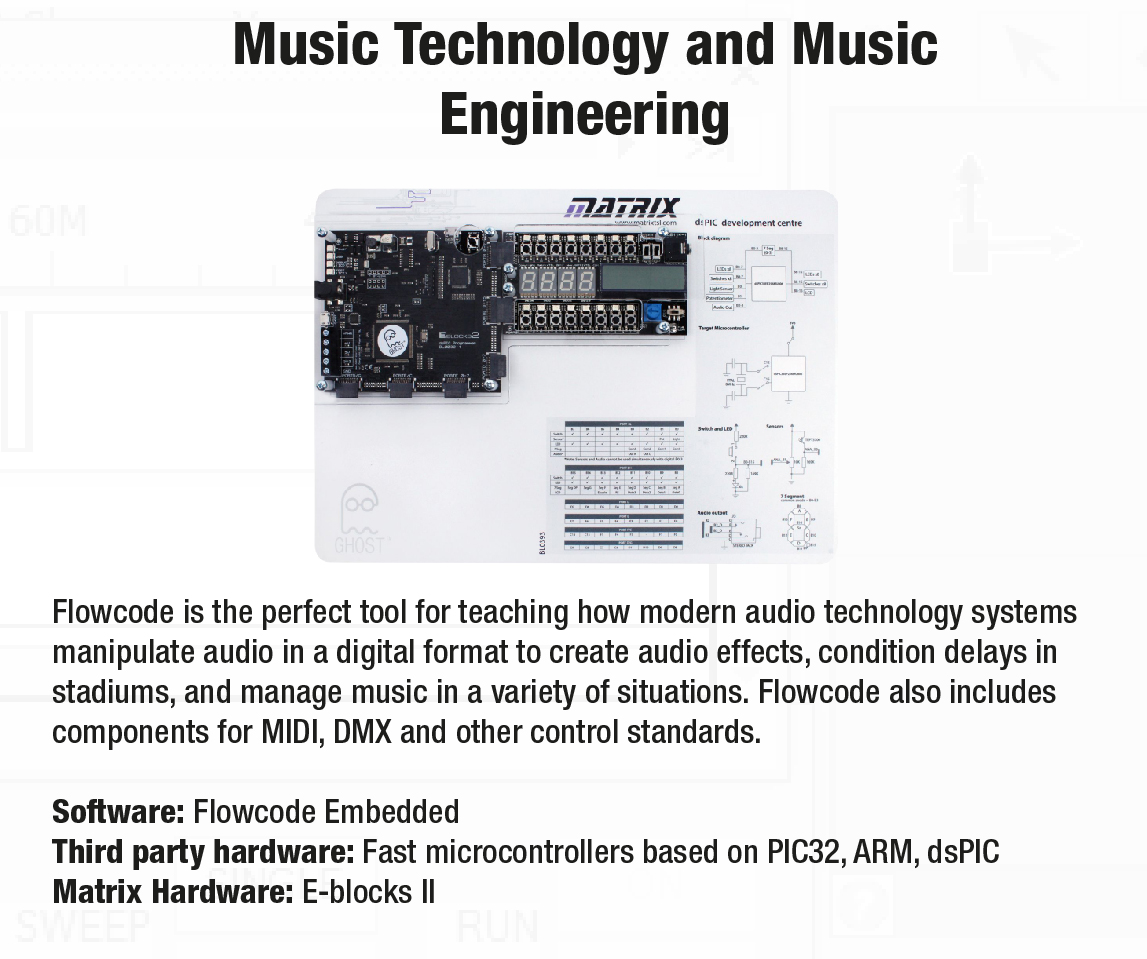 MatrixFlowcode's tweet image. Flowcode and E-Blocks 2 is widely used in Music Technology departments within Universities. Flowcode is the perfect tool for teaching how modern audio technology systems manipulate audio in a digital format to create audio effects, condition delays in stadiums, etc.