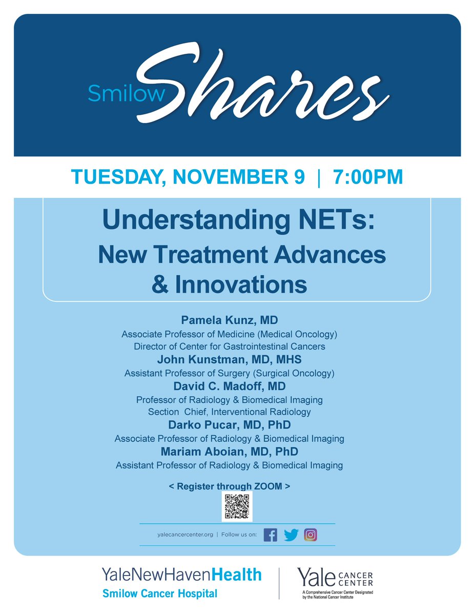 Want to learn about treatment advances and innovations for #NeuroendocrineTumors? Join Drs. @PamelaKunzMD, John Kunstman, David C, Madoff, Darko Pucar & @MariamAboian on Tuesday, November 9th at 7pm for a virtual Smilow Shares Program. @SmilowCancer @YaleCancer @MuzumdarLab