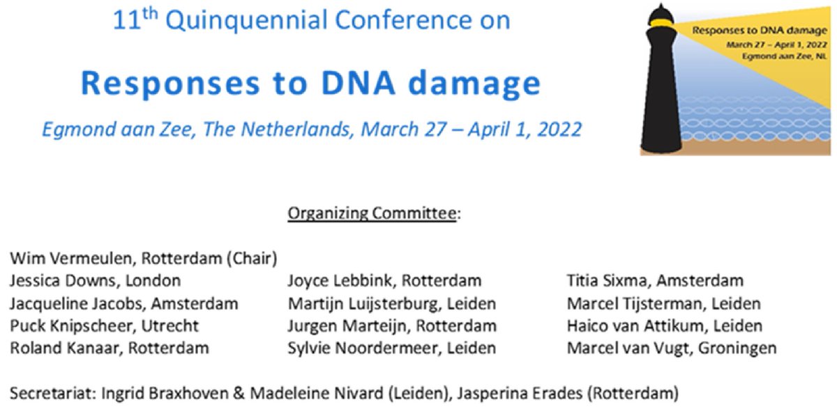 luijsterburglab's tweet photo. The 11th conference on Responses to DNA Damage will take place in Egmond aan Zee between March 27th - April 1st, 2022.

Registration is now open at: https://t.co/9DpEau7wq4

Abstract can be submitted until December 22nd. See you all in Egmond aan Zee in March 2022! https://t.co/vanLSUMwYd