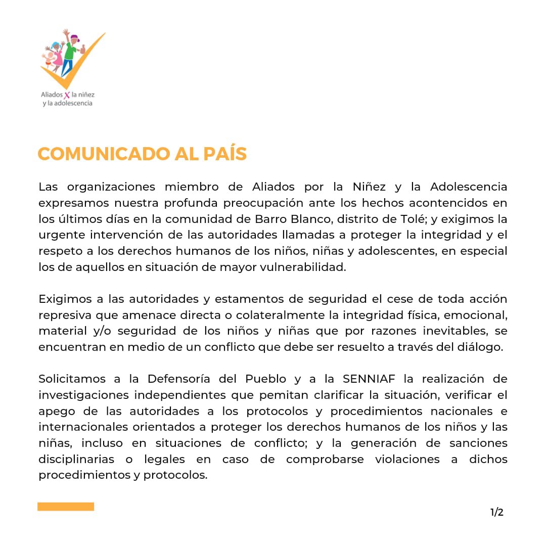aliadosXlaninez's tweet image. COMUNICADO AL PAÍS. El Estado está llamado a garantizar el interés superior de los niños, niñas, y adolescentes, incluso en contextos de conflicto. @Senniaf @DefensoriaPan @MIDESPma @MinSegPma @presidenciapma