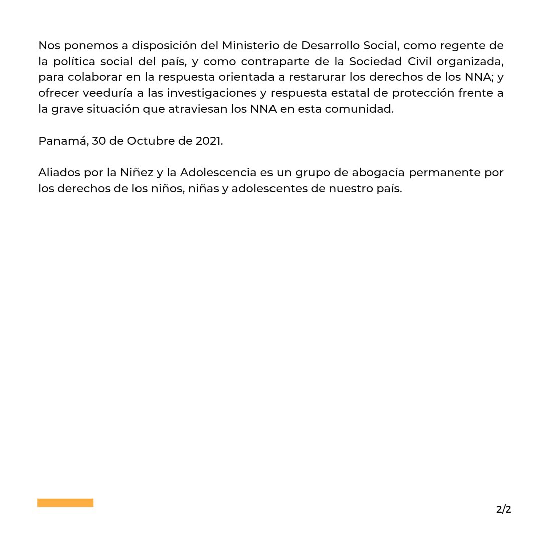 aliadosXlaninez's tweet image. COMUNICADO AL PAÍS. El Estado está llamado a garantizar el interés superior de los niños, niñas, y adolescentes, incluso en contextos de conflicto. @Senniaf @DefensoriaPan @MIDESPma @MinSegPma @presidenciapma