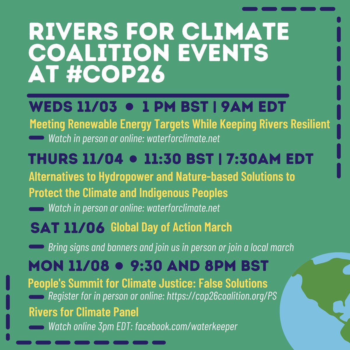 intlrivers's tweet photo. Tune in or join us in person this week and next for #WaterForClimate events at  #COP26!

We must protect #rivers &amp; communities while delivering real sustainable energy not #FalseSolutions for people, #climate,  #biodiversity

Watch the events 👉https://t.co/w9dbSjLtr7 https://t.co/Sd0a9004cD