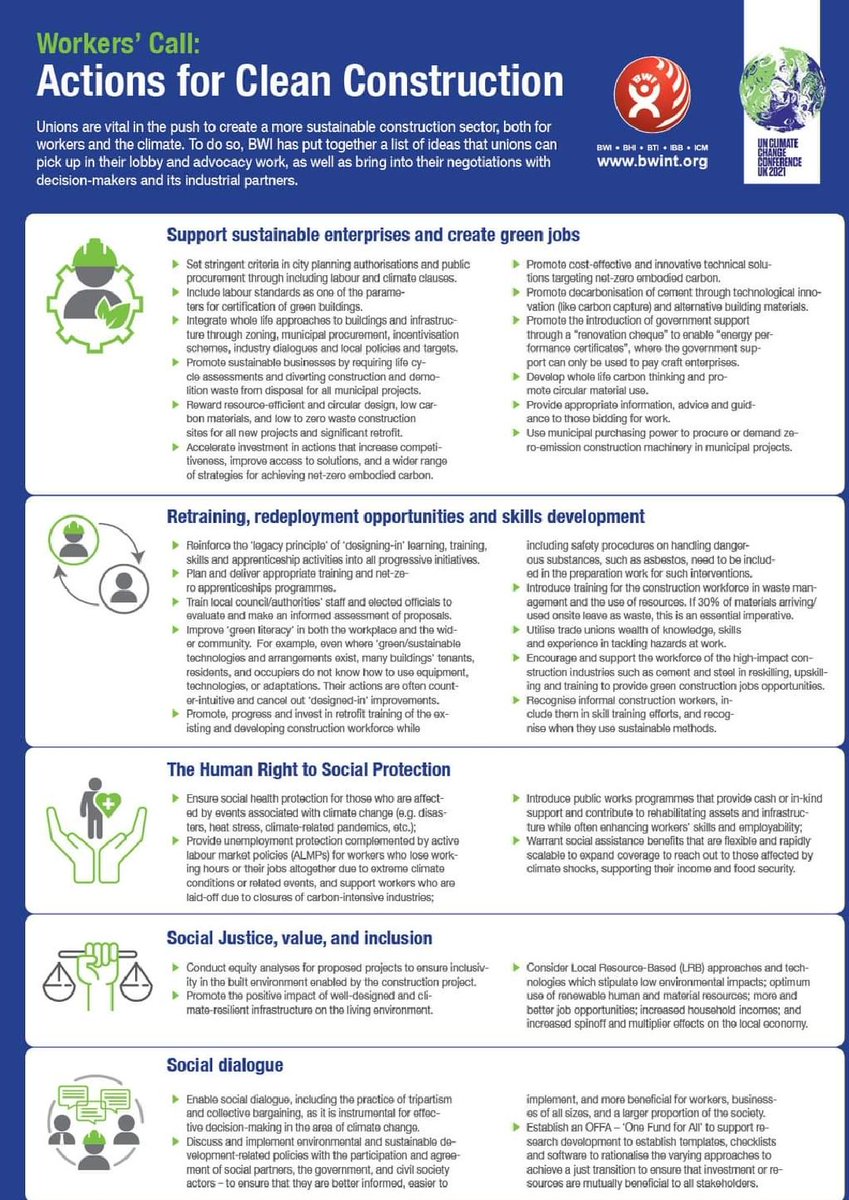 ACTIONS FOR CLEAN CONSTRUCTION

To mark the 2021 <a href="/UNFCCC/">UN Climate Change</a>, BWI put together a list of actionable ideas that unions can do to move forward to a greener &amp; cleaner construction industry fully committed to workers’ rights &amp; gender equality.

Download it here.⬇️
bwint.org/cms/union-acti…