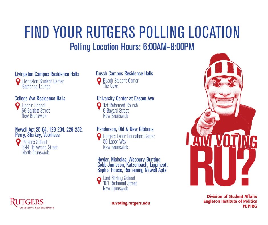 RutgersCYPP's tweet photo. ✍️Planning to cast your vote in-person tomorrow?

🗳If you are registered to vote on campus at @RutgersNB , find your polling location ⬇️⬇️

⏰Polls are open from 6:00AM to 8:00PM

Check to see where you are registered: https://t.co/6m60WHR3Lx https://t.co/ZrZDhFAjIy