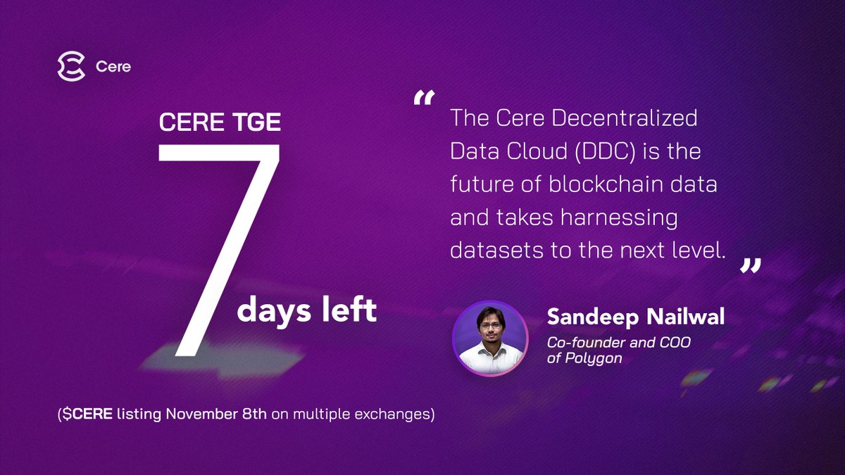 cerenetwork's tweet photo. 🔥Countdown towards the $CERE TGE🔥

Every day, we will highlight a quote from one of our respected partners here!

"The Cere Decentralized Data Cloud (DDC) is the future of blockchain data and takes harnessing datasets to the next level” @sandeepnailwal, COO of @0xPolygon https://t.co/OmtaTR6J5y