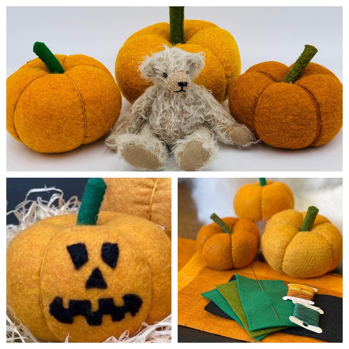 Alicesbearshop's tweet photo. Still time to make your pumpkins using our pattern. It’s available as a download on our website for £1. They make a lovely Autumn display on a table and are really simple to make. George wanted Pumpkin Pie!!! Link to the pattern in our bio. Xx #feltpumpkin  #tinyteddybear #kits https://t.co/7Z4uDUw5Rg