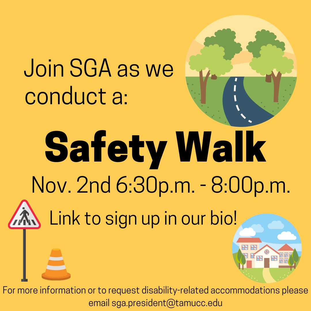 TAMUCC_SGA's tweet photo. Hey Islanders! Tomorrow SGA will be conducting a Safety Walk around campus at 6:30p.m.! We would love other organizations and students to join us make sure that our campus is as safe as it can be! The link to sign up and join the GroupMe are in our bio! Go Islanders!🤙🌴#tamucc https://t.co/JSZzMoq7rM