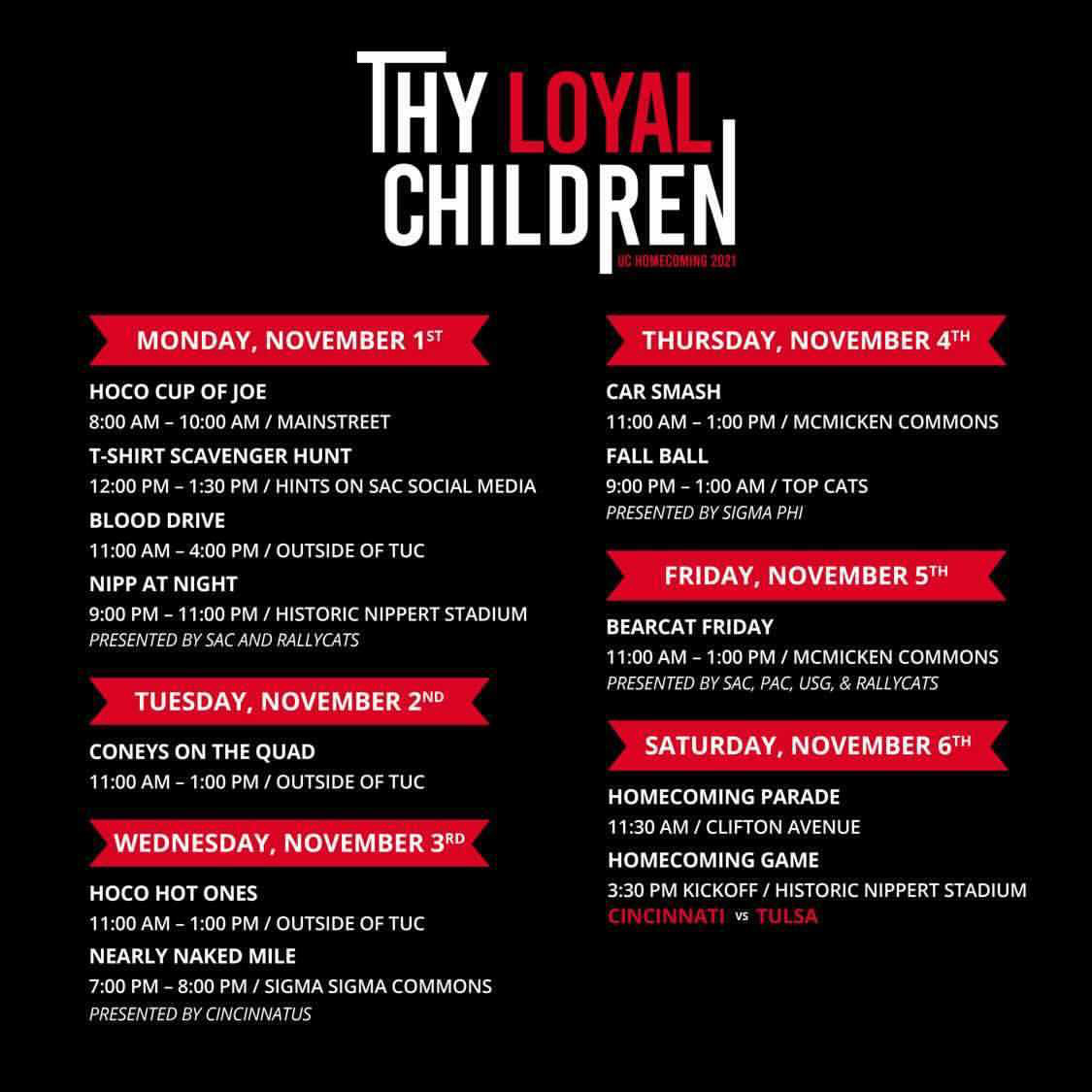 uofcincy's tweet photo. It’s #UCHomecoming Week! 🔴⚫️

We look forward to celebrating old traditions and making new memories with you.

Learn more: https://t.co/g9vvoyjEIY https://t.co/khWs8xBdDb