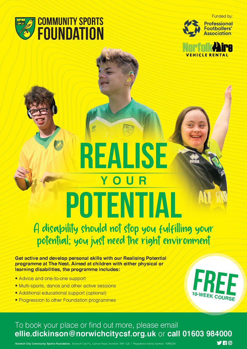 NorwichCityCSF's tweet photo. Delighted to launch our 🆕 inclusion programme! 

Designed for children &amp; adults with physical or learning difficulties, #RealisingPotential offers 1-to-1 educational/employability support, sport sessions &amp; more! Thanks to @PFA &amp; @NorfolkHire, it's free! 👉https://t.co/KJX9d1FKEh https://t.co/AfZmIDNsoB