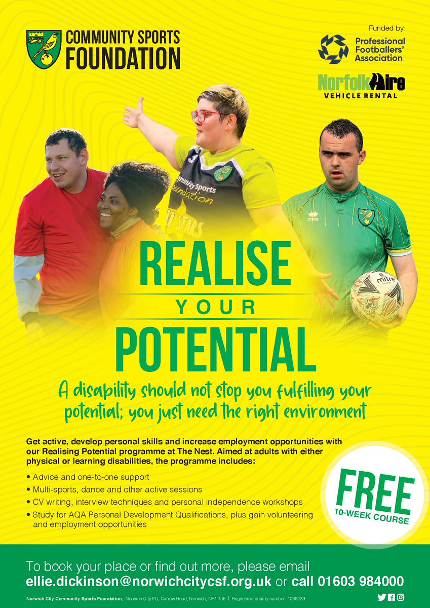 NorwichCityCSF's tweet photo. Delighted to launch our 🆕 inclusion programme! 

Designed for children &amp; adults with physical or learning difficulties, #RealisingPotential offers 1-to-1 educational/employability support, sport sessions &amp; more! Thanks to @PFA &amp; @NorfolkHire, it's free! 👉https://t.co/KJX9d1FKEh https://t.co/AfZmIDNsoB