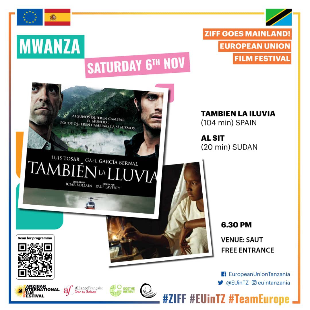ZIFF | in Mainland!🇹🇿 
Next stop 📍 : Mwanza! 
Dates : 5th - 6th November, 2021 

For the first time ZIFF, in Collaboration with European Embassies is taking film screenings to the mainland! 

Karibuni nyote and tell a friend! FREE OF CHARGE! 
#ziff | #EuropeanUnion