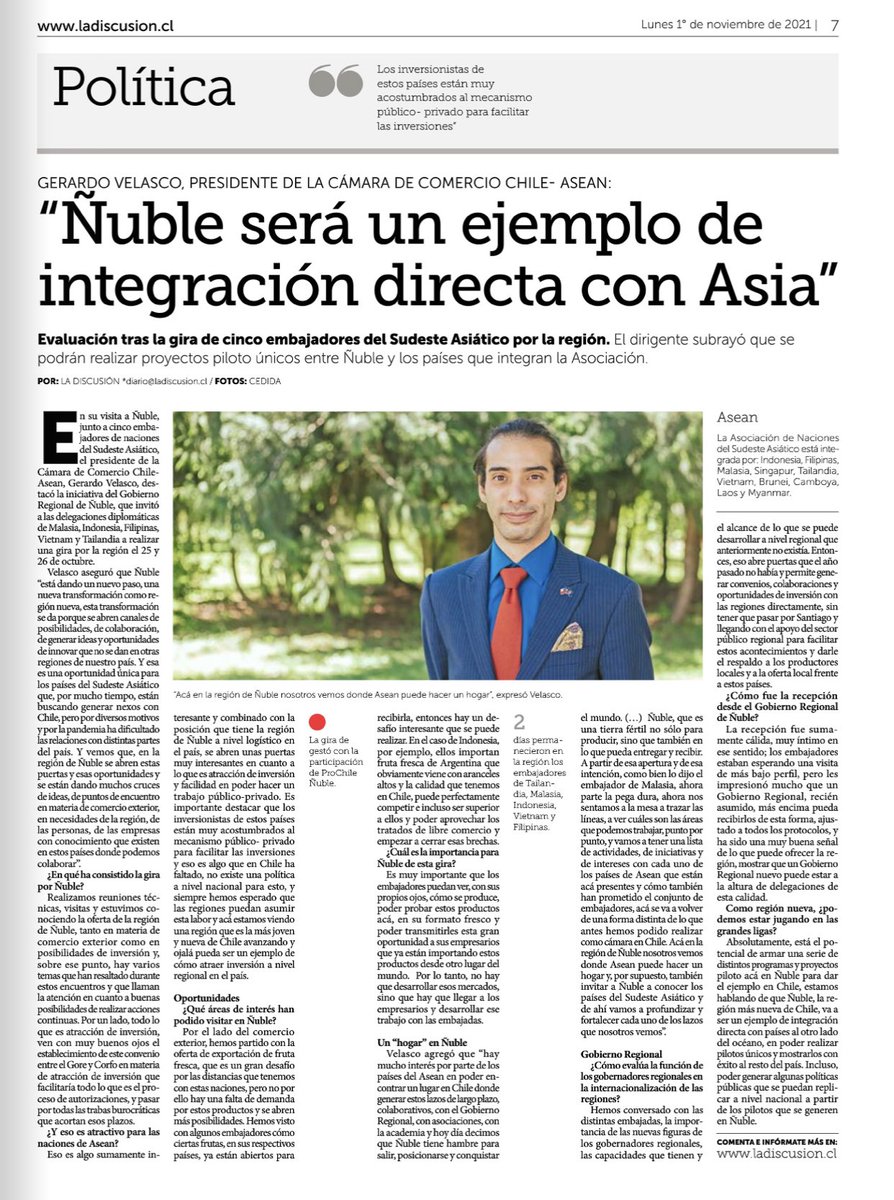 Oscarcrisostomo's tweet photo. 📍Hace 7 días iniciaban su visita a #Ñuble los embajadores de 5 países del Sudeste Asiático. Coincido con el Pdte. de la Cámara Comercio @ChileASEAN Gerardo Velasco en que Ñuble será un ejemplo de integración 🤝 con Asia, tanto en exportación como en atracción de inversiones 🚢. https://t.co/EfcAkn5n3N