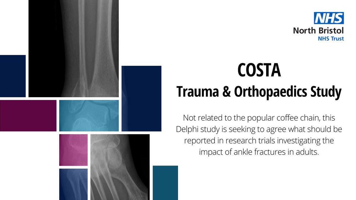 Research at North Bristol NHS Trust (@researchnbt) on Twitter photo Thrilled to be opening COSTA at NBT, a new Trauma & Orthopaedics research study which will be recruiting patients who have had an ankle fracture in the last 2 years to be part of an expert panel. <a href="/ndorms/">NDORMS</a> <a href="/Oxford_Trauma/">Oxford Trauma and Emergency Care</a> <a href="/otatrauma/">OTA</a> <a href="/BritOrthopaedic/">BOA</a> <a href="/NorthBristolNHS/">North Bristol NHS Trust</a> @crnwestengland Thrilled to be opening COSTA at NBT, a new Trauma & Orthopaedics research study which will be recruiting patients who have had an ankle fracture in the last 2 years to be part of an expert panel. <a href="/ndorms/">NDORMS</a> <a href="/Oxford_Trauma/">Oxford Trauma and Emergency Care</a> <a href="/otatrauma/">OTA</a> <a href="/BritOrthopaedic/">BOA</a> <a href="/NorthBristolNHS/">North Bristol NHS Trust</a> @crnwestengland