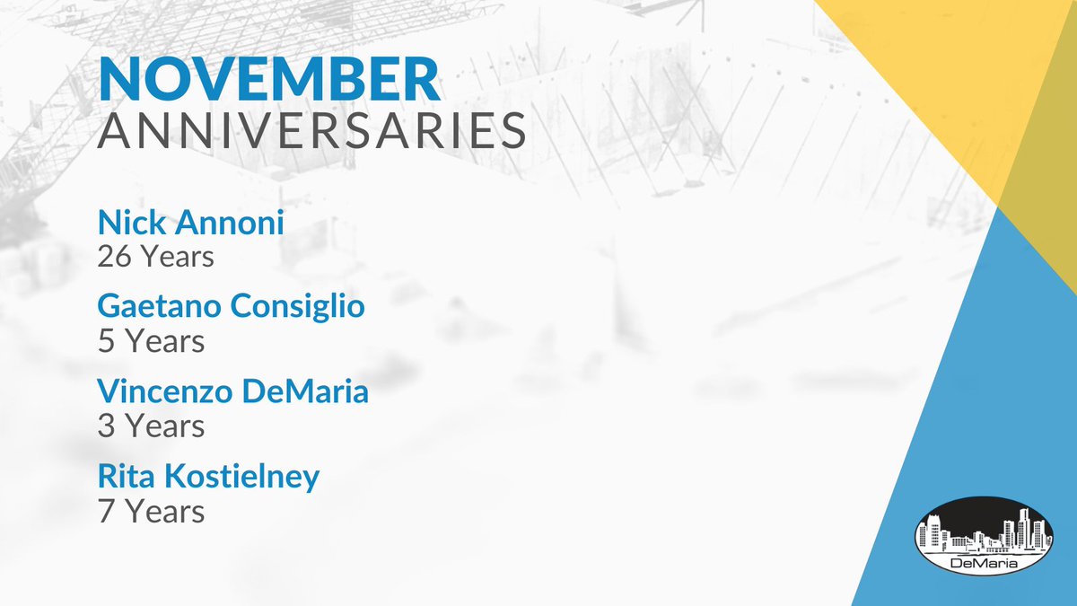 DEMARIABUILD's tweet photo. These distinguished team members are celebrating anniversaries with DeMaria this month. Join us in wishing them a Happy Anniversary! 🙌
#DeMariaBuild https://t.co/B3rAouo4ur