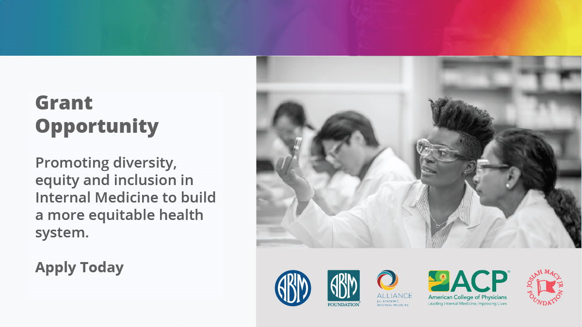 ABIMFoundation's tweet photo. Together with @ABIMcert, @AAIMonline, @ACPinternists & @macyfoundation we are sponsoring $400,000 in grants to support DEI among #InternalMedicine residents, students & faculty members. Apply today: https://t.co/OJvOVeS8At
#DEIGrantProgram #DiversityInHealthcare https://t.co/3TsybKpd2b