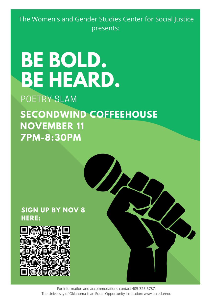 OUSocialJustice's tweet photo. The WGS Center for Social Justice is excited to announce our first Poetry Slam! The event will take place at @2ndwindcoffee on Thursday, November 11th at 7PM. Performers can sign up using the QR code or this link: https://t.co/pScAq5fCvl. https://t.co/gkEmYv5iLR