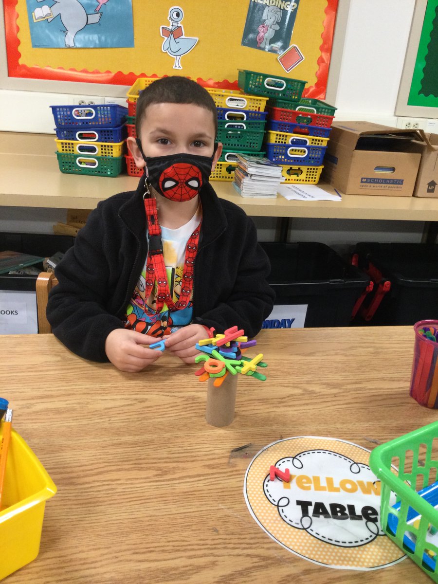 JkLibrarian's tweet photo. 2nd graders are having fun with the alphabet in the library!  We challenged each other to see how many letters our coconut trees could hold and used wiki sticks to make our sight words!
@BataviaJK #JKWay https://t.co/2nLcXAzjJ8