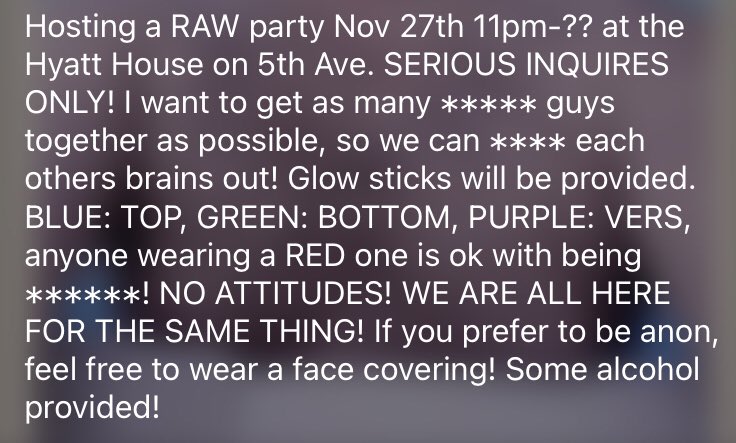 AllenDickota's tweet photo. Hosting a #Rawparty Nov 27th 11pm-?? At the Hyatt House on 5th Ave in #columbusohio want to get as many HORNY guys together to fuck each other’s brains out! Glow sticks provided! Blue: #TOP, Green: #BTTM, Purple: #VERS, Red: ok with being #fisted! #cumslut #rawislaw PLZ RT! https://t.co/hkBUeuMkh8