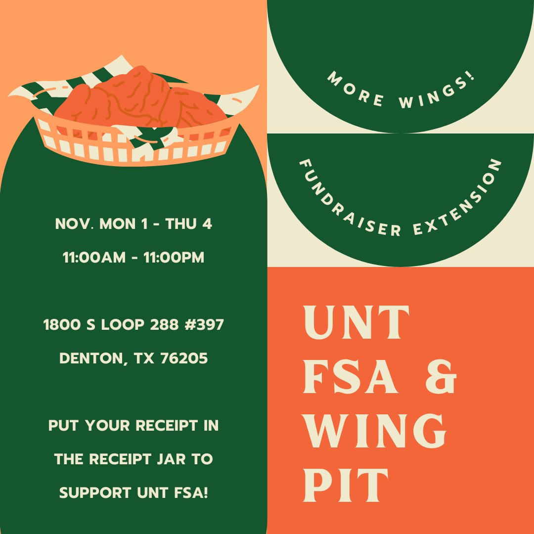 untfsa's tweet photo. Hey hey hey you want some chicken today? 🍗🐔If you missed Wing Pit last week, join us for another week of Wing Pit Chicken fundraising!! Starting TODAY (Nov. 1) through Thursday (Nov. 4) get sum chikin wings and put your receipt in the receipt jar to support UNT FSA 😋🐥 https://t.co/KwdvPSking
