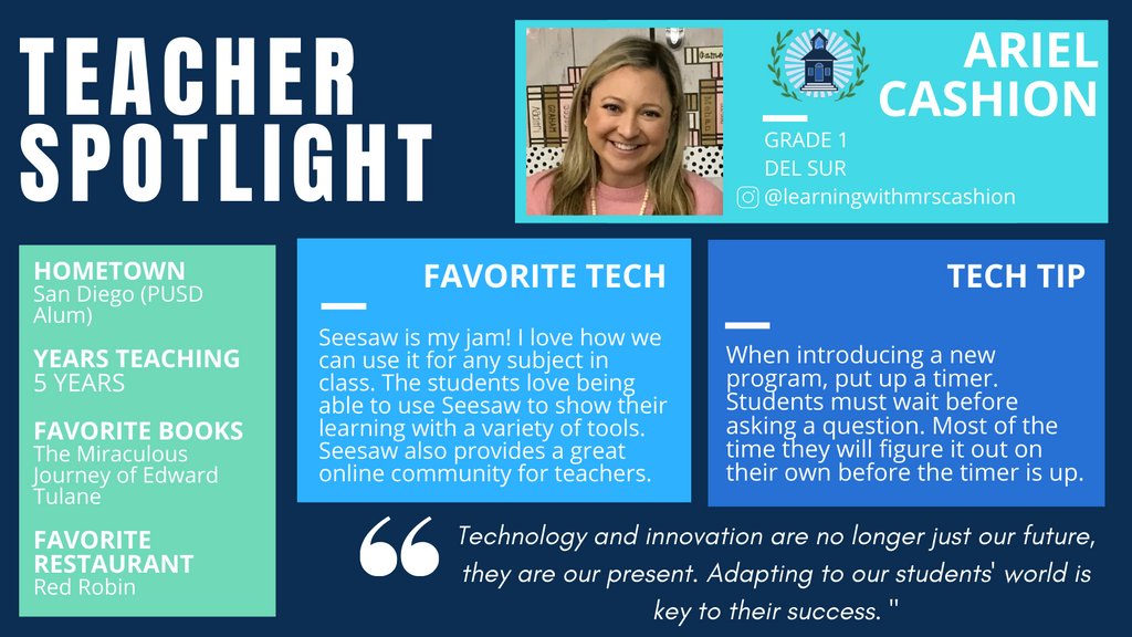 PUSDinnovate's tweet photo. We’re 🎉excited🎉 to introduce Ariel Cashion as our #teacherspotlight for November🍂. She loves using @Seesaw with her 1st graders at @dselementary in @PowayUnified. Read on to learn more about her!👇 #PUSDinnovate #edtech💻 https://t.co/xxuotcDDAt